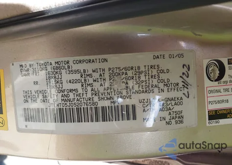 2005 Toyota Land Cruiser V8 from USA, damaged, VIN JTEHT05J052076580